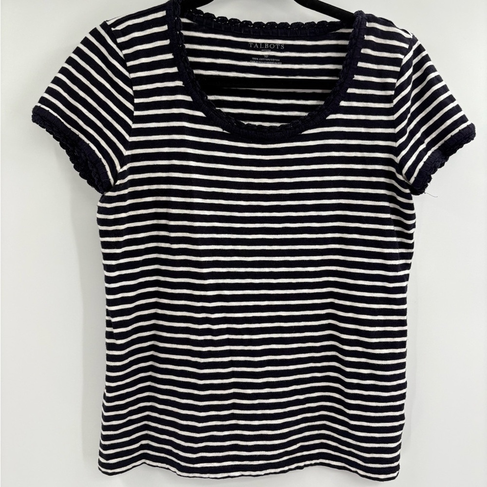 Talbots Navy Blue White Striped Cotton with Scalloped Trim Top Small Petite SP